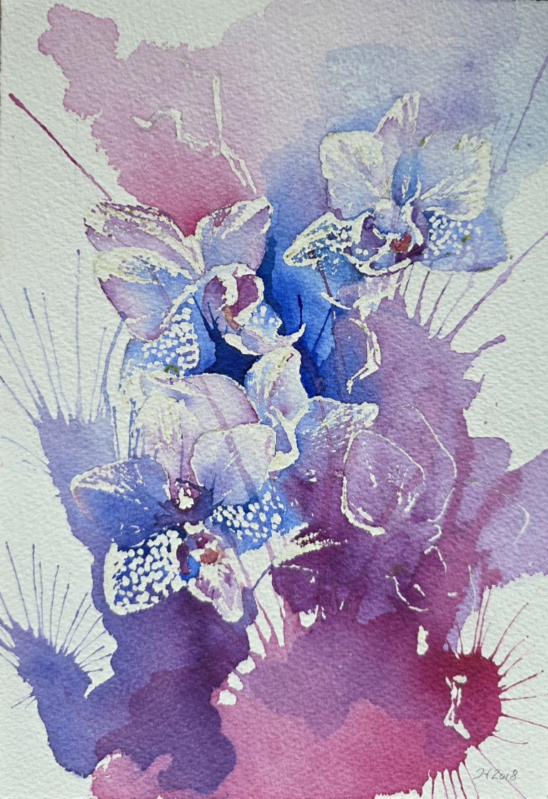 Aquarellbild abstrakter Orchideen in Rosa- und Blautönen